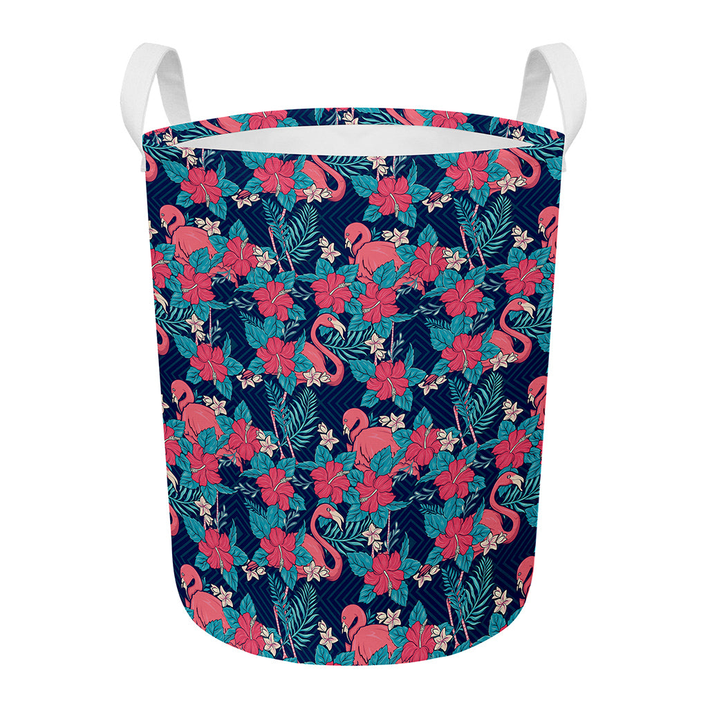 Flamingo And Hawaiian Floral Print Round Laundry Basket