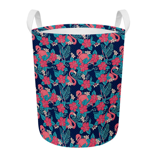 Flamingo And Hawaiian Floral Print Round Laundry Basket