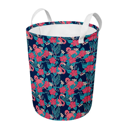 Flamingo And Hawaiian Floral Print Round Laundry Basket