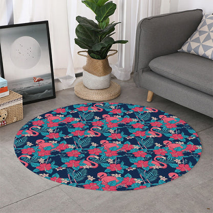 Flamingo And Hawaiian Floral Print Round Rug