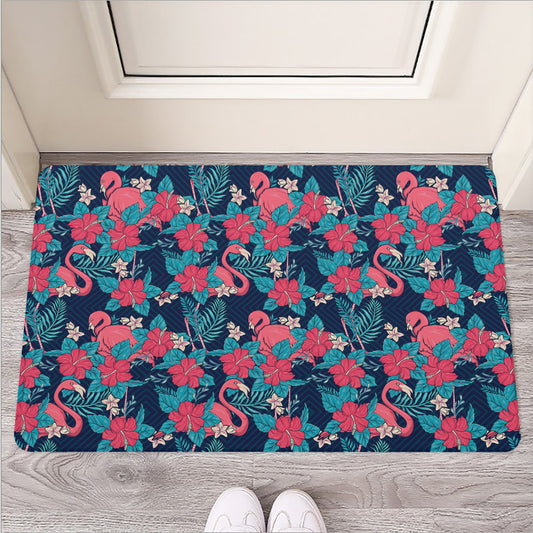 Flamingo And Hawaiian Floral Print Rubber Doormat