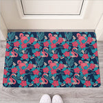Flamingo And Hawaiian Floral Print Rubber Doormat