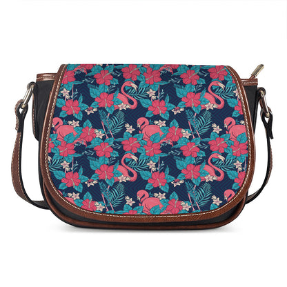 Flamingo And Hawaiian Floral Print Saddle Bag