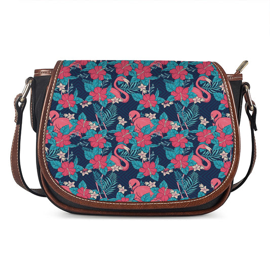 Flamingo And Hawaiian Floral Print Saddle Bag
