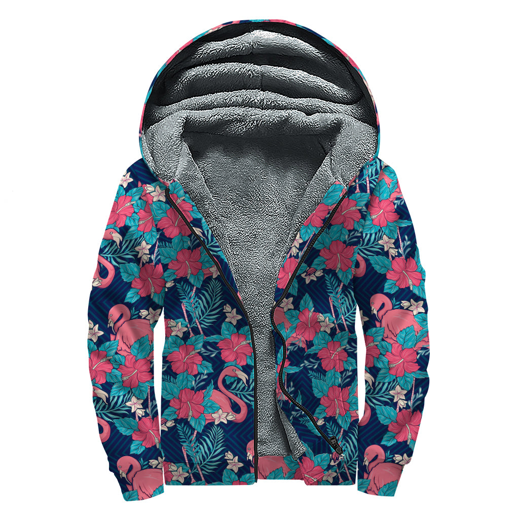 Flamingo And Hawaiian Floral Print Sherpa Lined Zip Up Hoodie