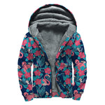 Flamingo And Hawaiian Floral Print Sherpa Lined Zip Up Hoodie