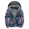 Flamingo And Hawaiian Floral Print Sherpa Lined Zip Up Hoodie