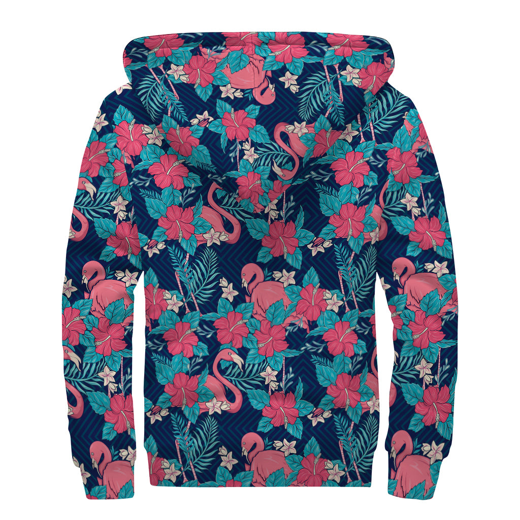 Flamingo And Hawaiian Floral Print Sherpa Lined Zip Up Hoodie