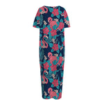 Flamingo And Hawaiian Floral Print Short Sleeve Long Nightdress