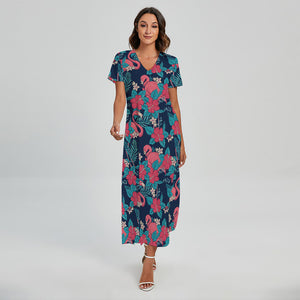 Flamingo And Hawaiian Floral Print Short Sleeve Maxi Dress