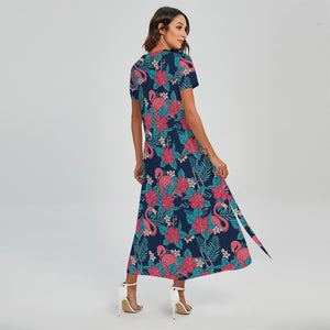 Flamingo And Hawaiian Floral Print Short Sleeve Maxi Dress