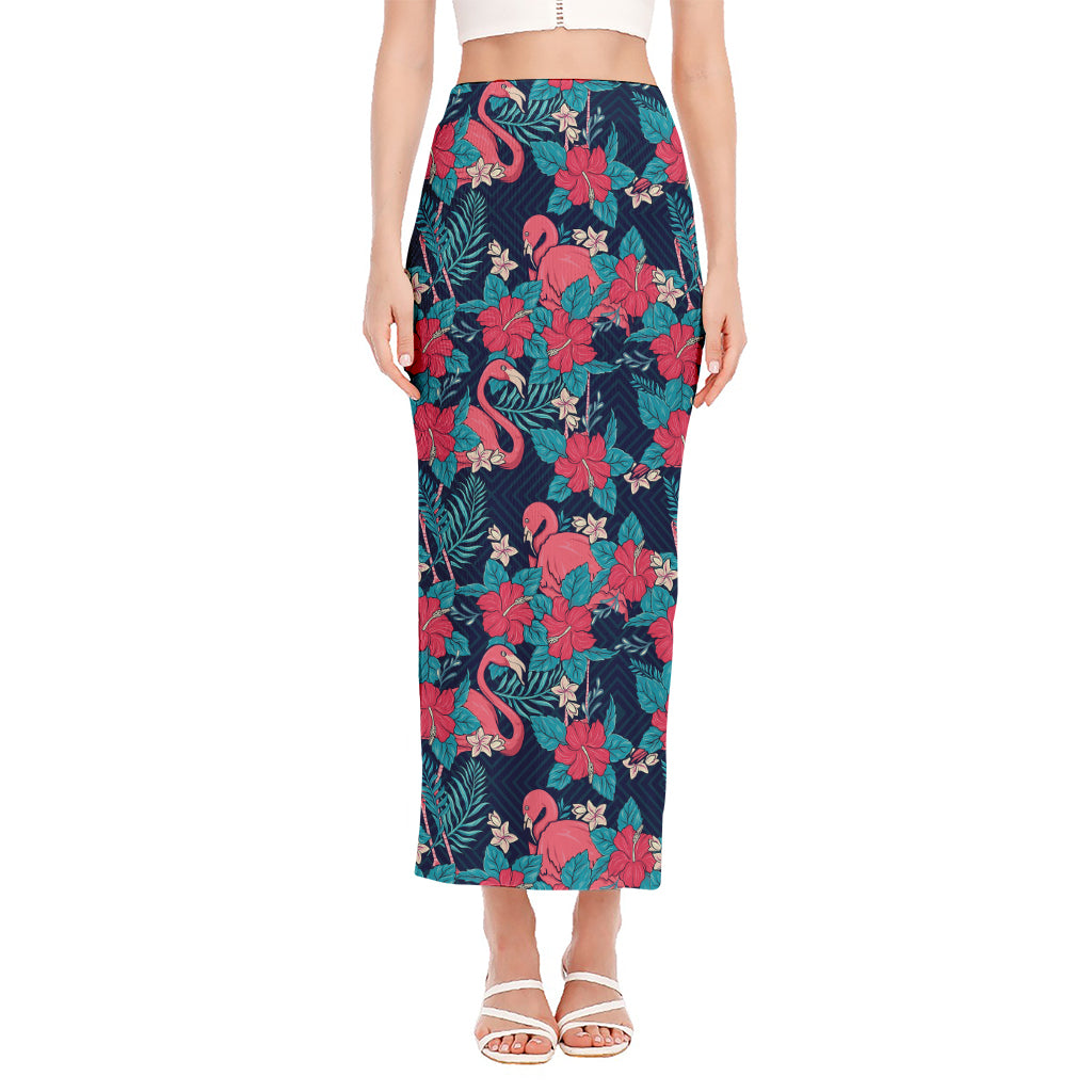 Flamingo And Hawaiian Floral Print Side Slit Maxi Skirt