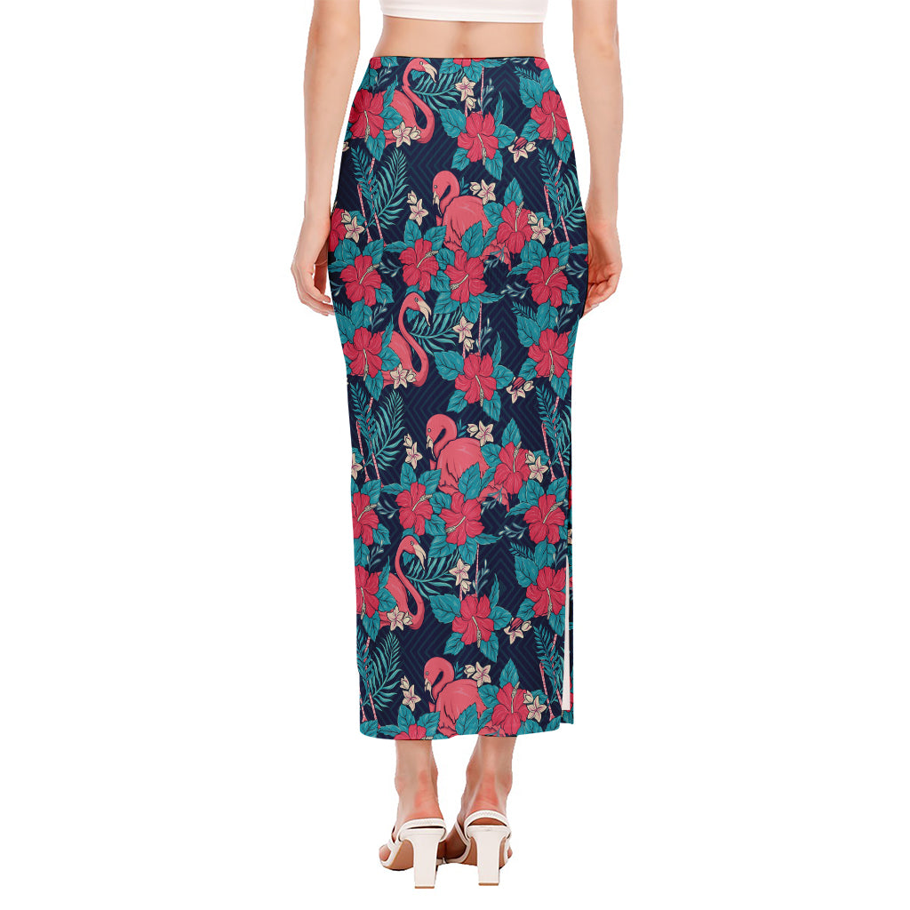 Flamingo And Hawaiian Floral Print Side Slit Maxi Skirt