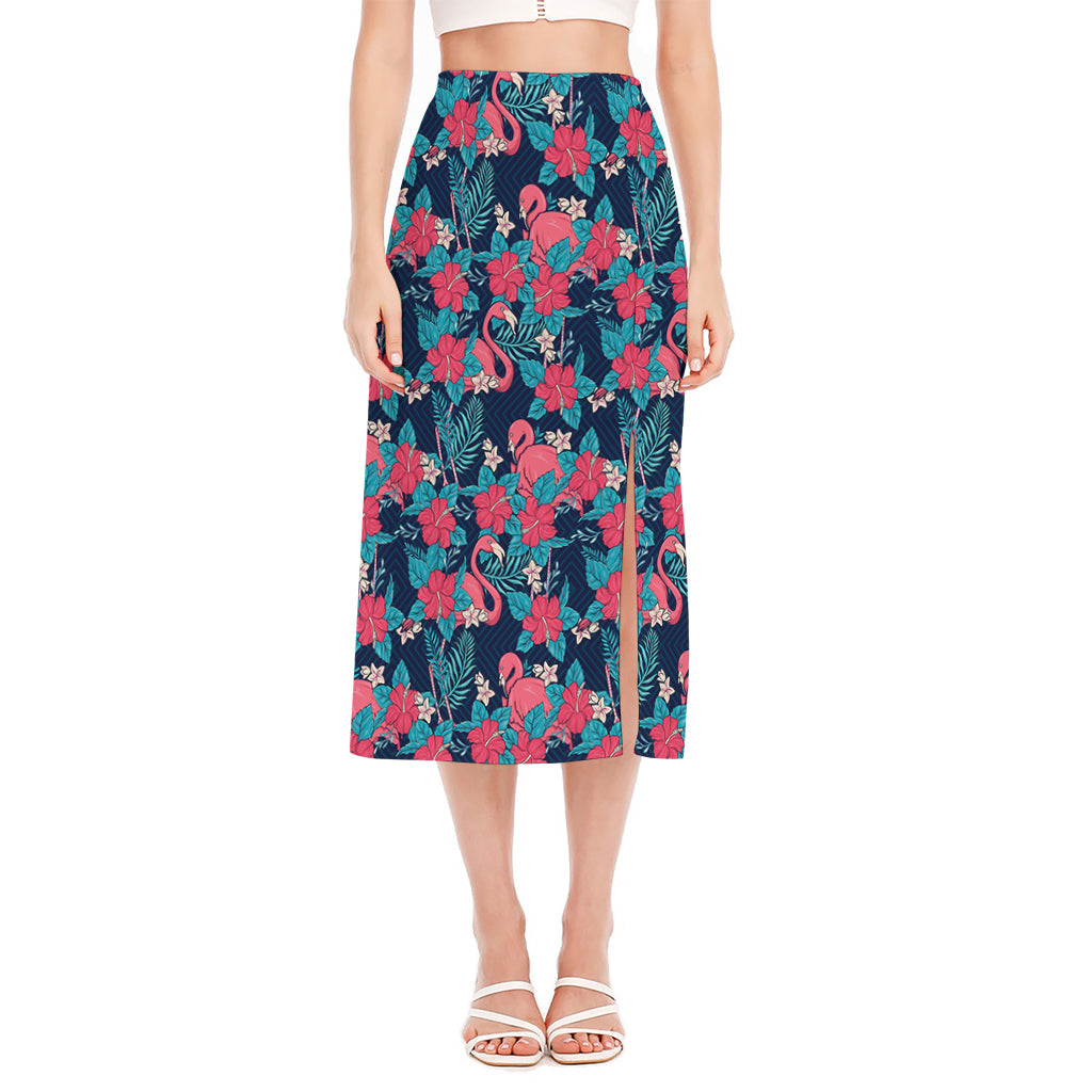 Flamingo And Hawaiian Floral Print Side Slit Midi Skirt