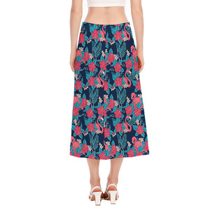 Flamingo And Hawaiian Floral Print Side Slit Midi Skirt