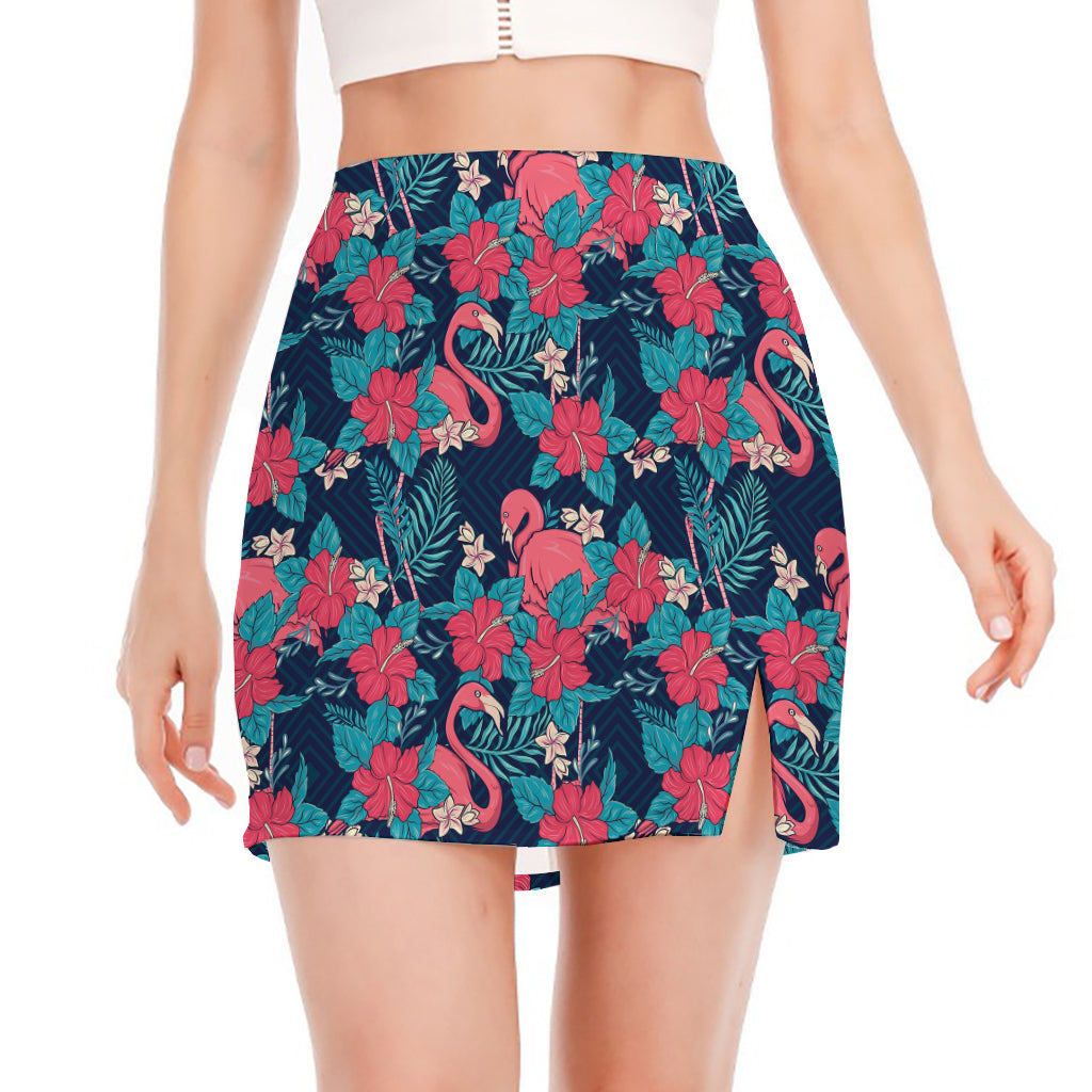 Flamingo And Hawaiian Floral Print Side Slit Mini Skirt