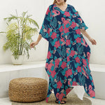 Flamingo And Hawaiian Floral Print Silk V-Neck Kaftan Dress