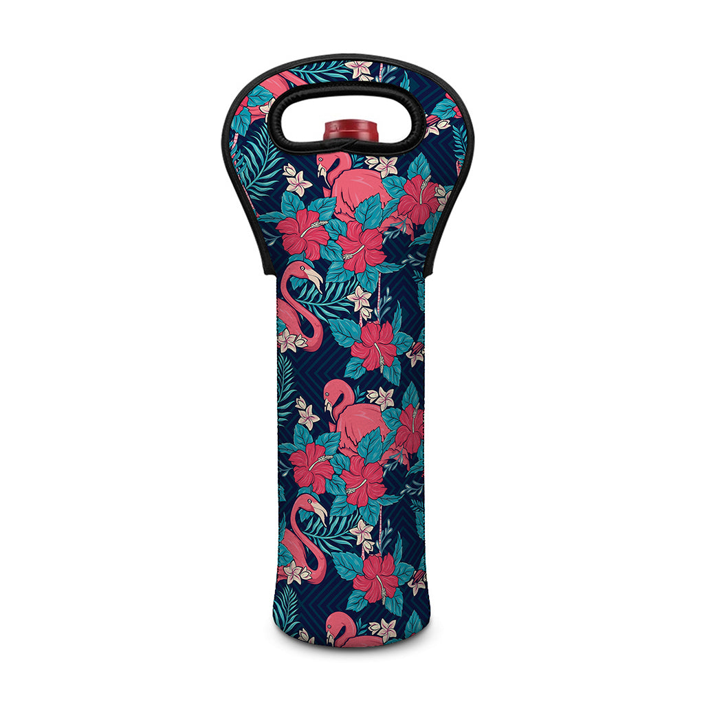 Flamingo And Hawaiian Floral Print Single Neoprene Wine Tote