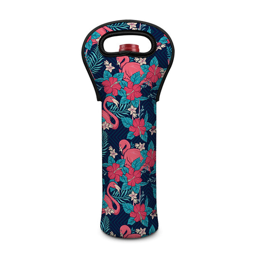 Flamingo And Hawaiian Floral Print Single Neoprene Wine Tote