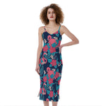 Flamingo And Hawaiian Floral Print Slim Fit Midi Cami Dress