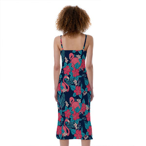 Flamingo And Hawaiian Floral Print Slim Fit Midi Cami Dress