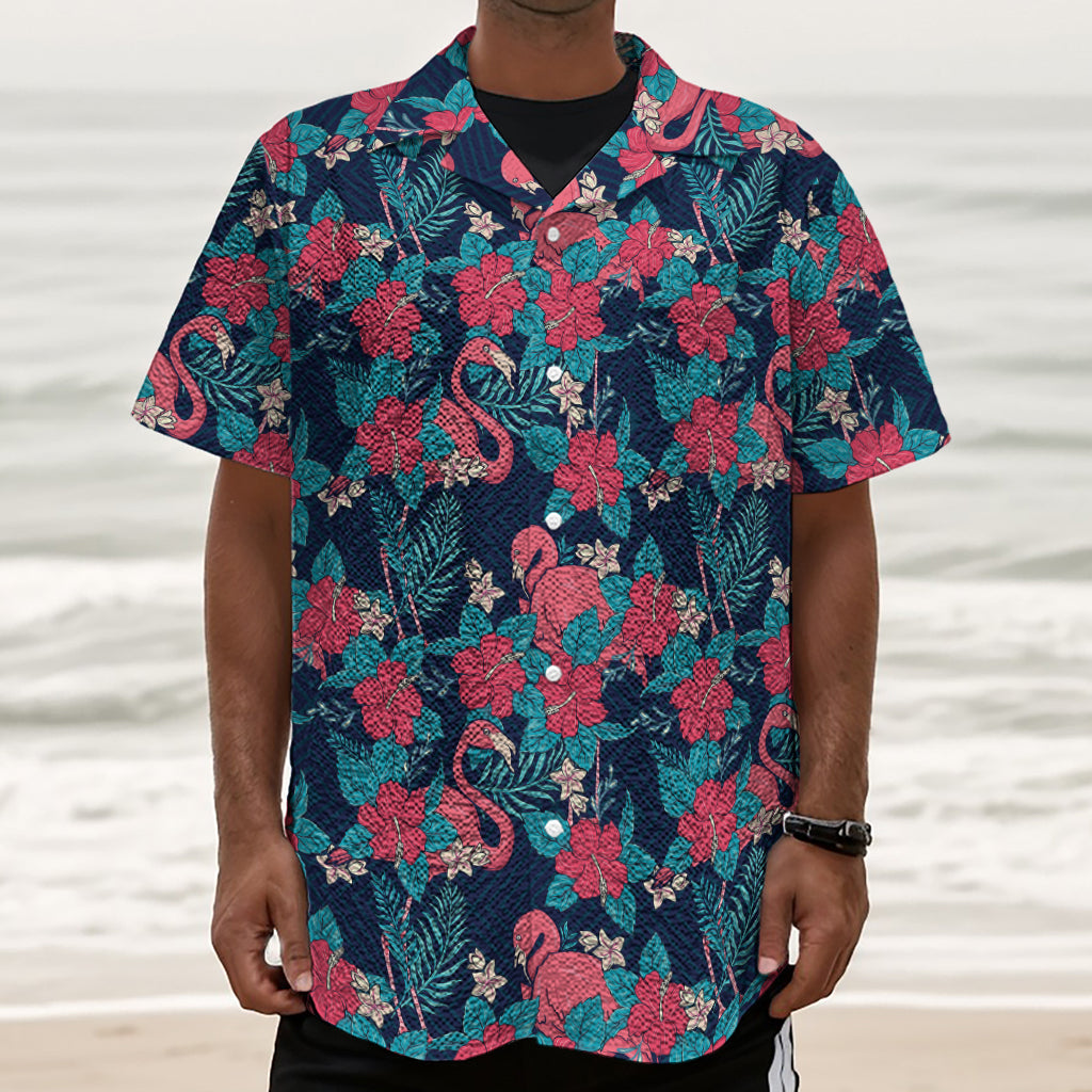 Flamingo And Hawaiian Floral Print Textured Short Sleeve Shirt