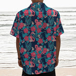 Flamingo And Hawaiian Floral Print Textured Short Sleeve Shirt