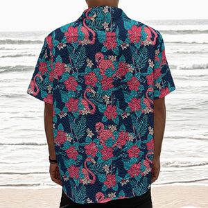 Flamingo And Hawaiian Floral Print Textured Short Sleeve Shirt