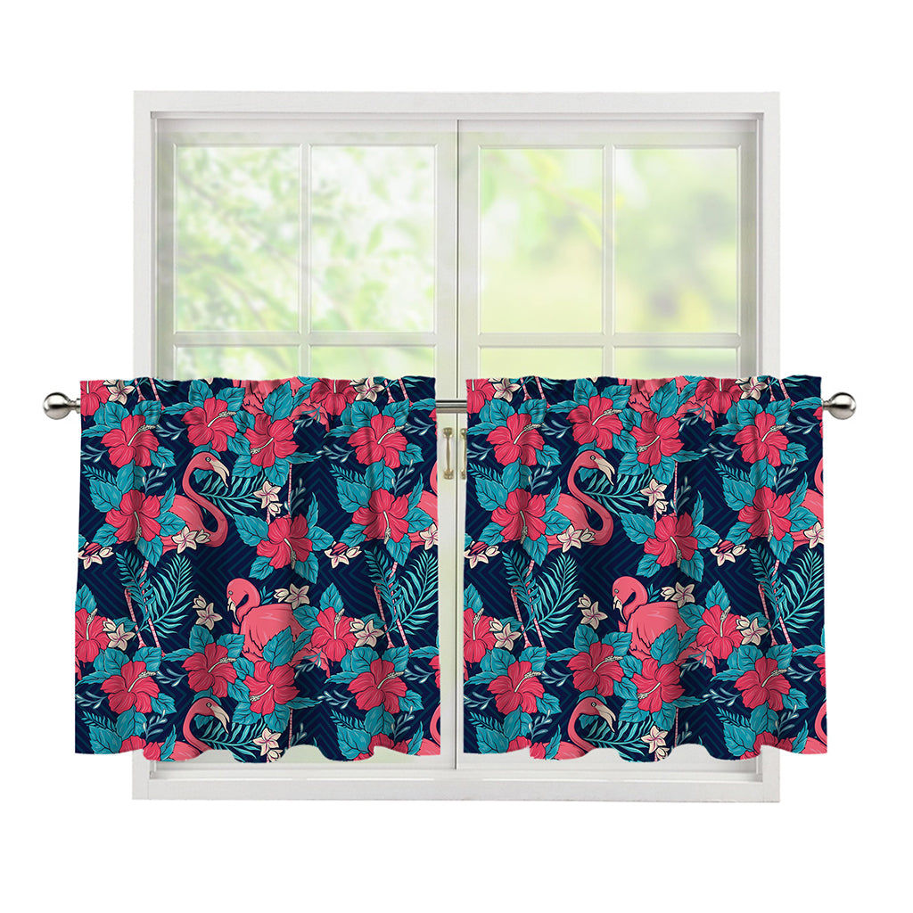 Flamingo And Hawaiian Floral Print Tier Curtains