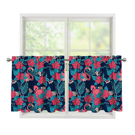 Flamingo And Hawaiian Floral Print Tier Curtains