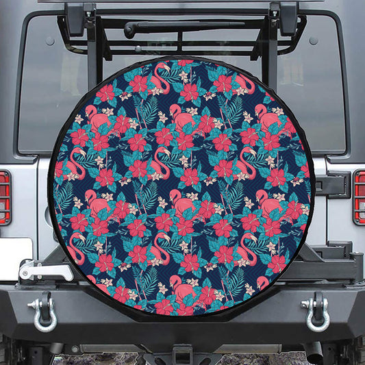 Flamingo And Hawaiian Floral Print Tire Cover