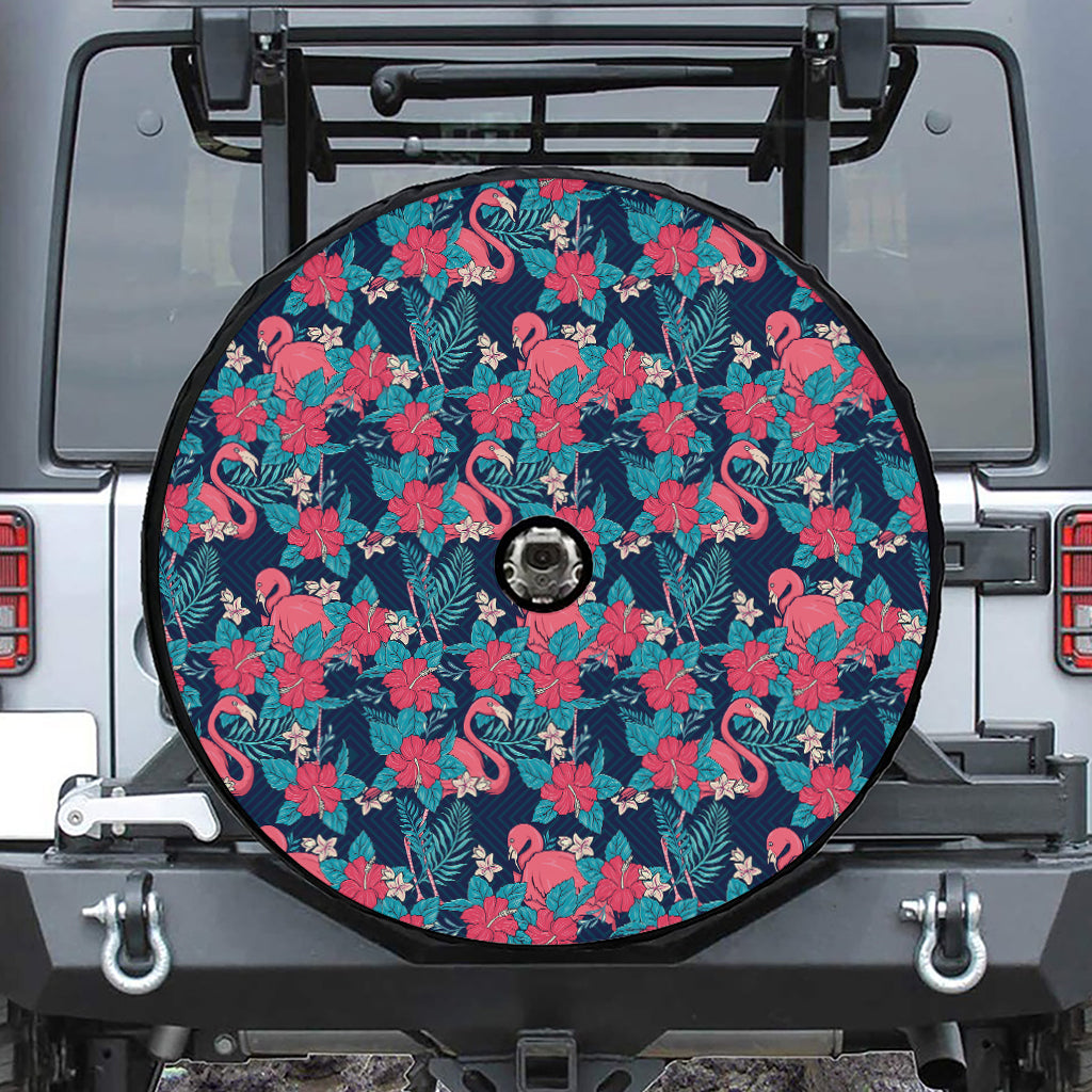 Flamingo And Hawaiian Floral Print Tire Cover With Camera Hole