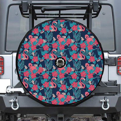 Flamingo And Hawaiian Floral Print Tire Cover With Camera Hole