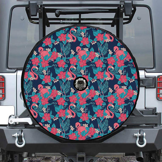 Flamingo And Hawaiian Floral Print Tire Cover With Camera Hole