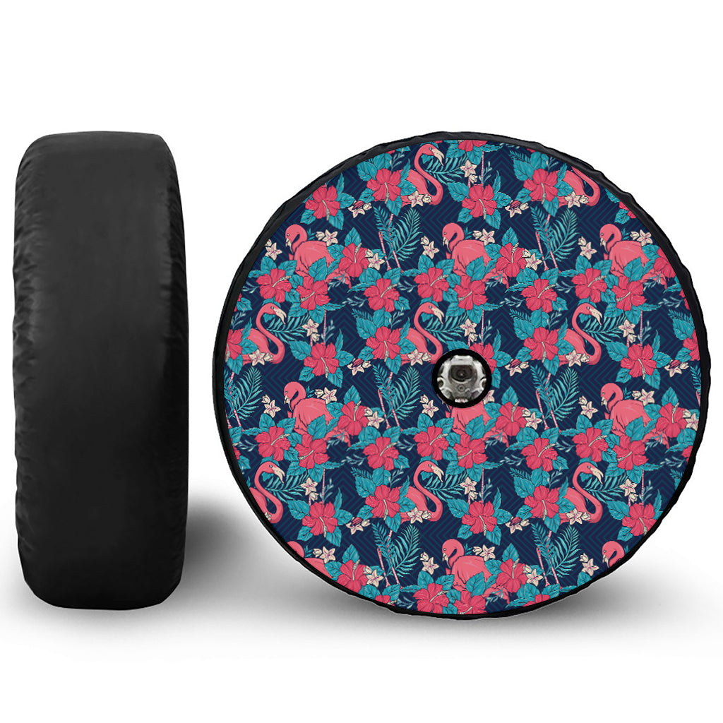 Flamingo And Hawaiian Floral Print Tire Cover With Camera Hole