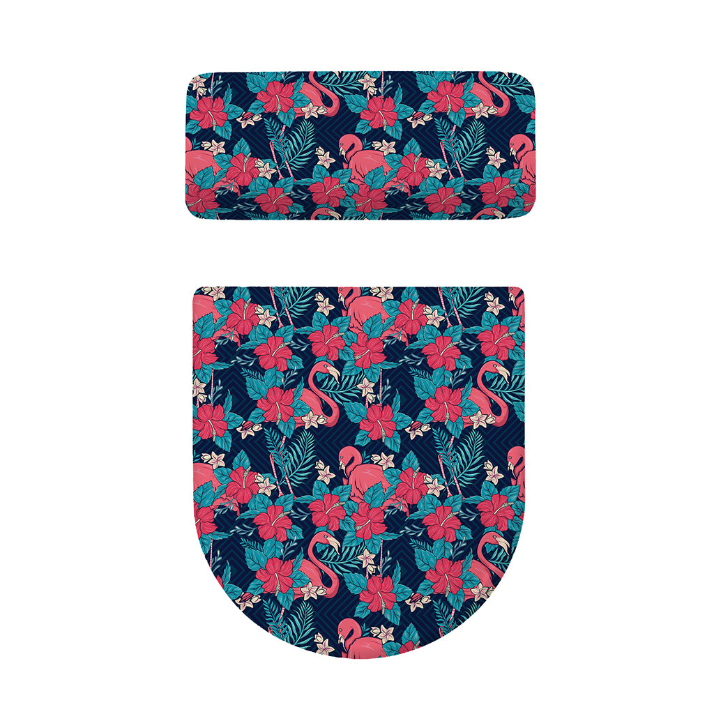 Flamingo And Hawaiian Floral Print Toilet Lid And Tank Cover Set