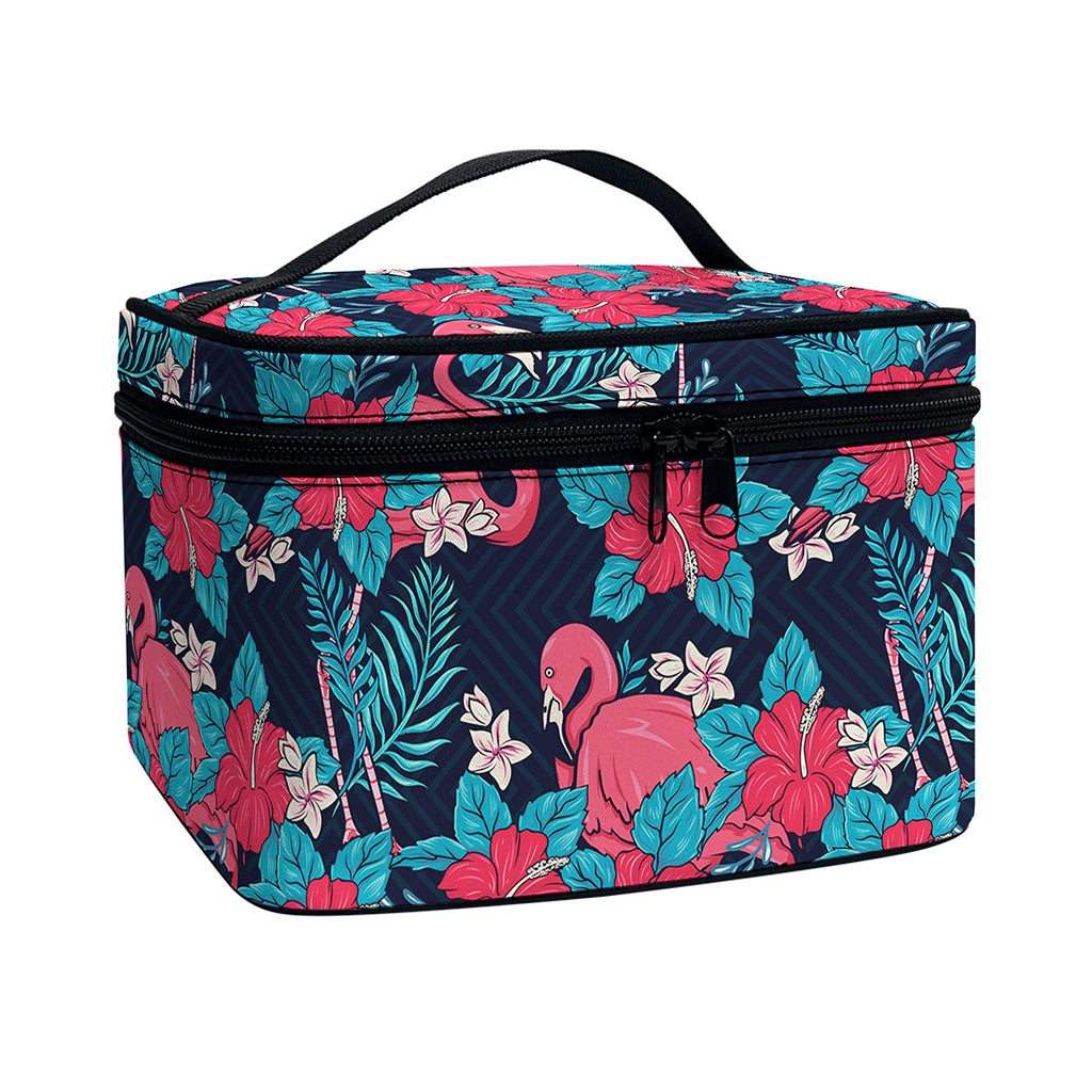 Flamingo And Hawaiian Floral Print Travel Makeup Bag