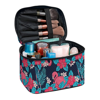 Flamingo And Hawaiian Floral Print Travel Makeup Bag