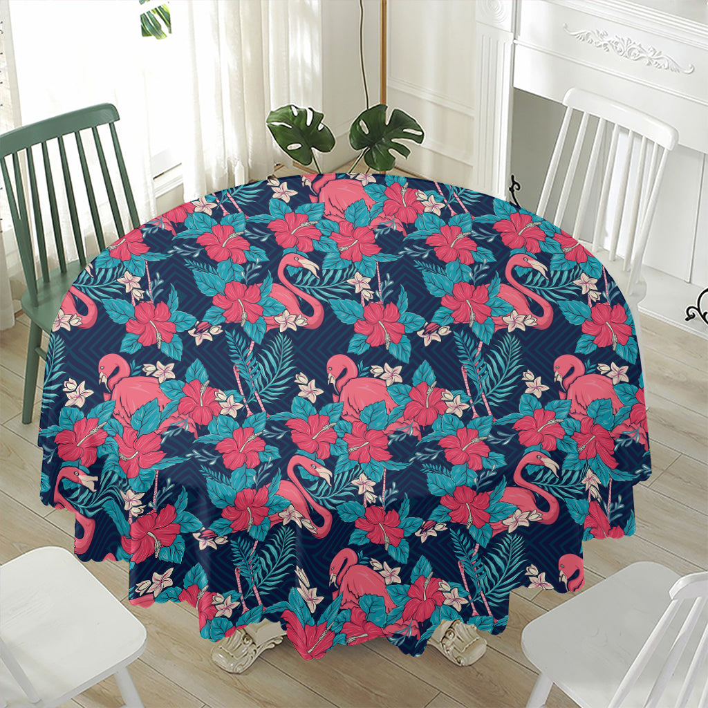 Flamingo And Hawaiian Floral Print Waterproof Round Tablecloth