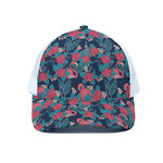 Flamingo And Hawaiian Floral Print White Mesh Trucker Cap