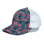 Flamingo And Hawaiian Floral Print White Mesh Trucker Cap