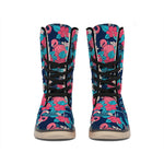 Flamingo And Hawaiian Floral Print Winter Boots