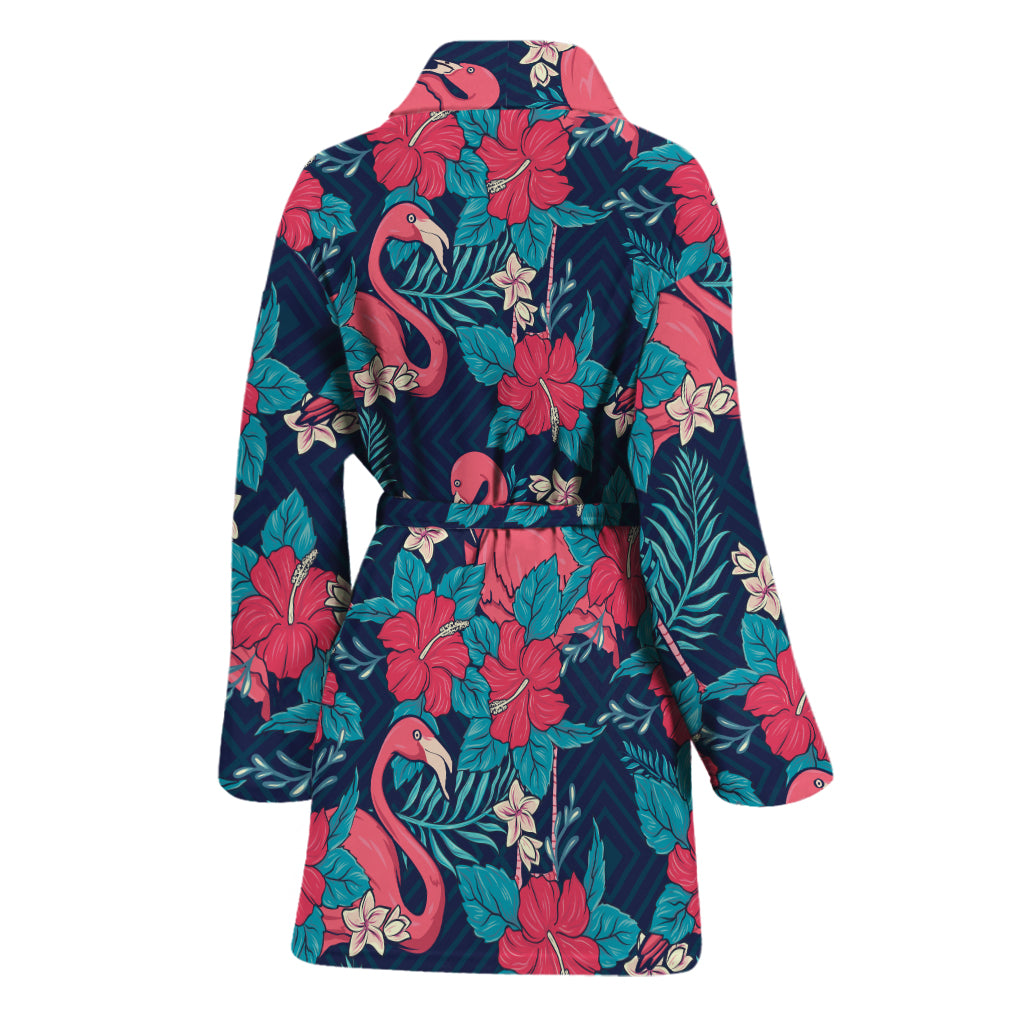Flamingo And Hawaiian Floral Print Women's Bathrobe