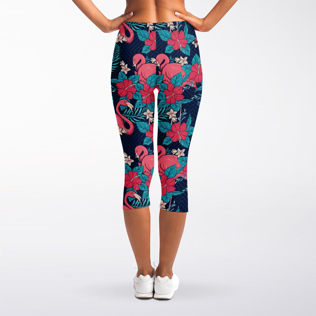 Flamingo And Hawaiian Floral Print Women's Capri Leggings