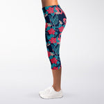 Flamingo And Hawaiian Floral Print Women's Capri Leggings
