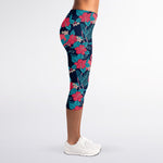 Flamingo And Hawaiian Floral Print Women's Capri Leggings