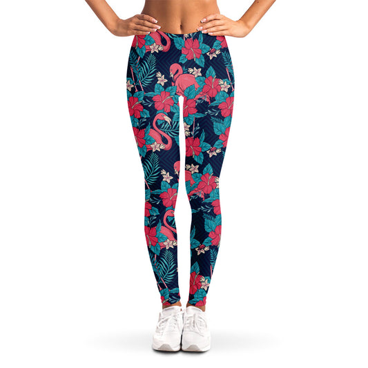 Flamingo And Hawaiian Floral Print Women's Leggings