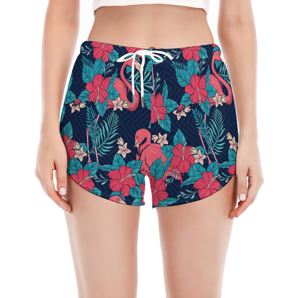 Flamingo And Hawaiian Floral Print Women's Split Running Shorts