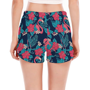 Flamingo And Hawaiian Floral Print Women's Split Running Shorts