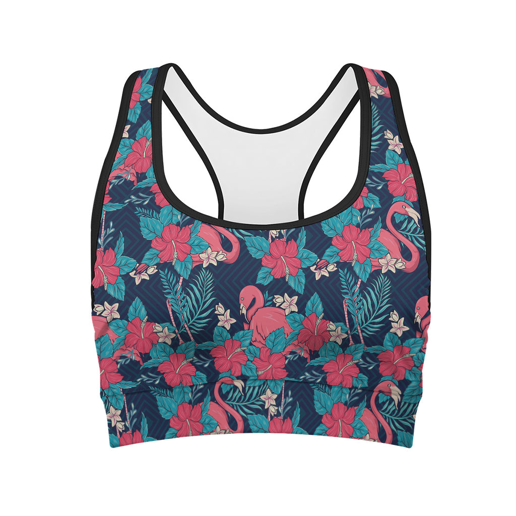 Flamingo And Hawaiian Floral Print Women's Sports Bra
